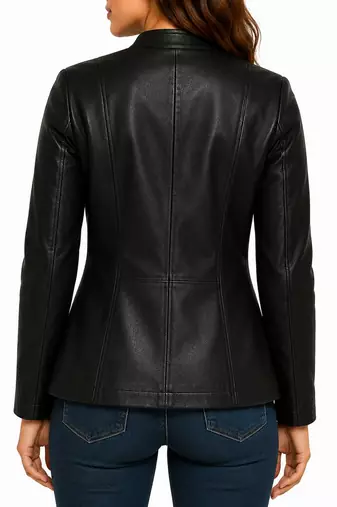 Women's black button genuine leather biker coat jacket