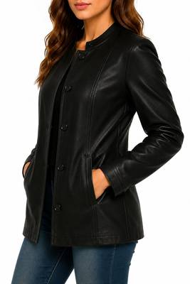 Women's black button genuine leather biker coat jacket 3