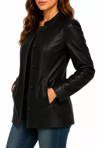 Women's black button genuine leather biker coat jacket