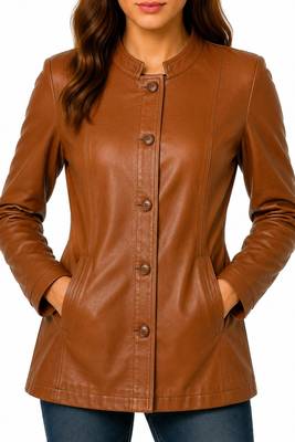 Women's cognac brown lambskin button leather coat jacket 1