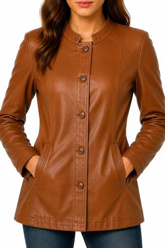 Women's cognac brown lambskin button leather coat jacket