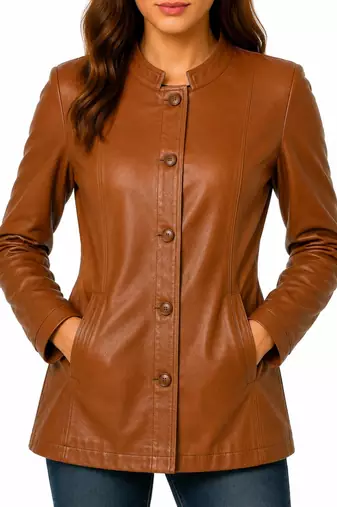 Women's cognac brown lambskin button leather coat jacket