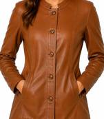 Women's cognac brown lambskin button leather coat jacket