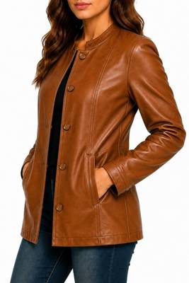 Women's cognac brown lambskin button leather coat jacket 2