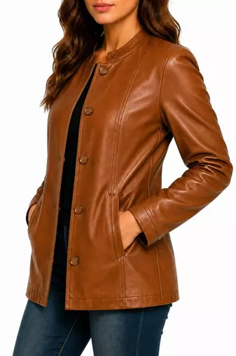 Women's cognac brown lambskin button leather coat jacket