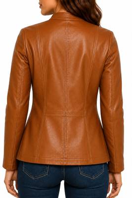 Women's cognac brown lambskin button leather coat jacket 3