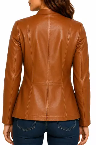Women's cognac brown lambskin button leather coat jacket