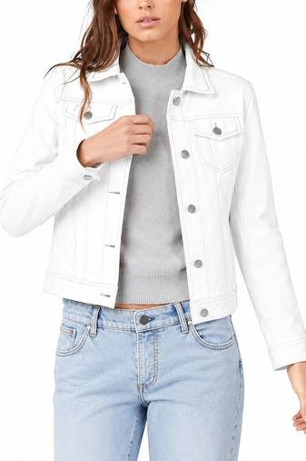 Women's white real lambskin leather trucker jacket