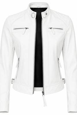 Women's white cafe racer biker lambskin leather jacket 1