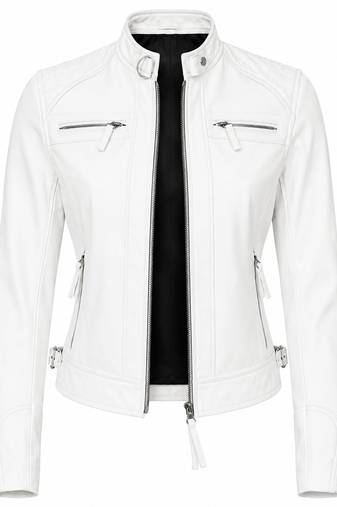 Women's white cafe racer biker lambskin leather jacket
