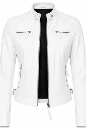 Women's white cafe racer biker lambskin leather jacket