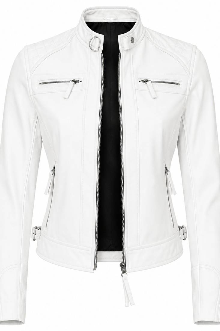 Women's white cafe racer biker lambskin leather jacket