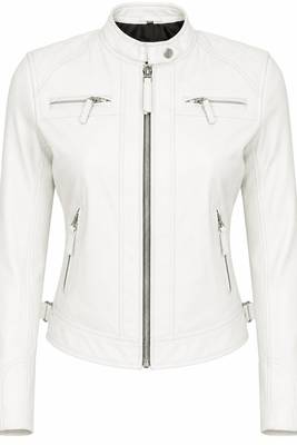 Women's white cafe racer biker lambskin leather jacket 3