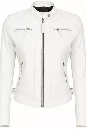 Women's white cafe racer biker lambskin leather jacket