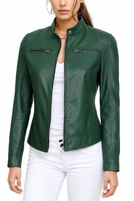 Women's green real genuine lambskin leather moto jacket 1