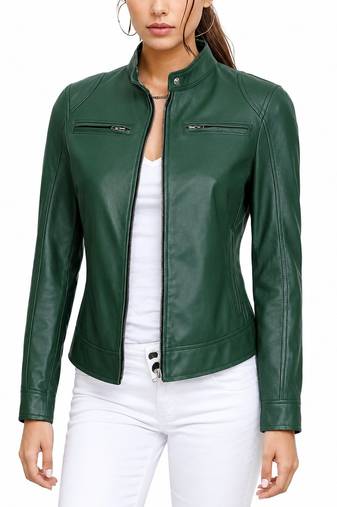 Women's green real genuine lambskin leather moto jacket