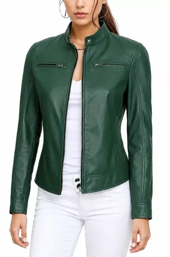 Women's green real genuine lambskin leather moto jacket