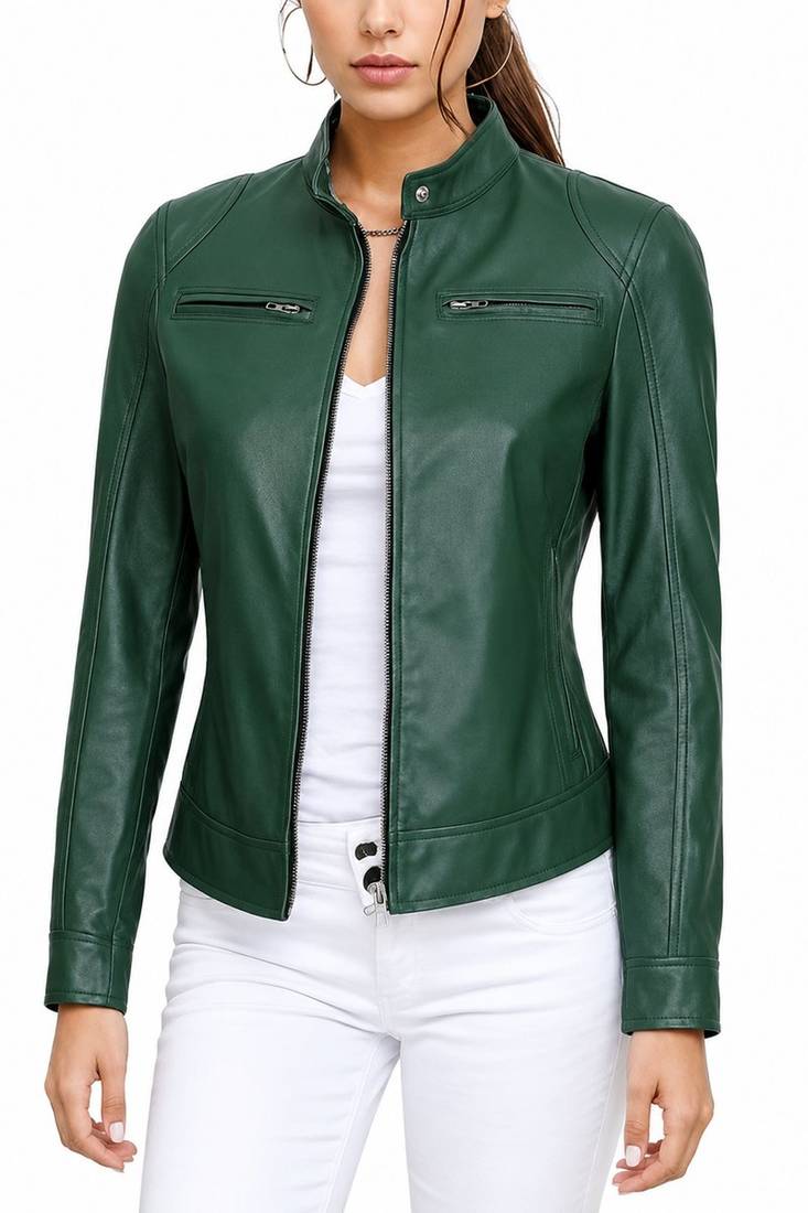 Women's green real genuine lambskin leather moto jacket