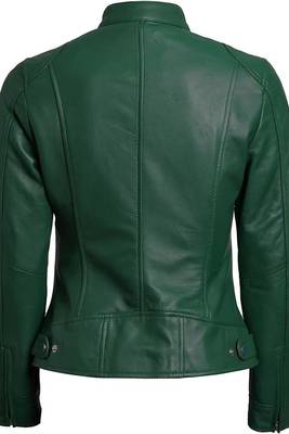 Women's green real genuine lambskin leather moto jacket 2
