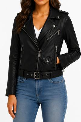 Women's black real lambskin belted biker leather jacket 1