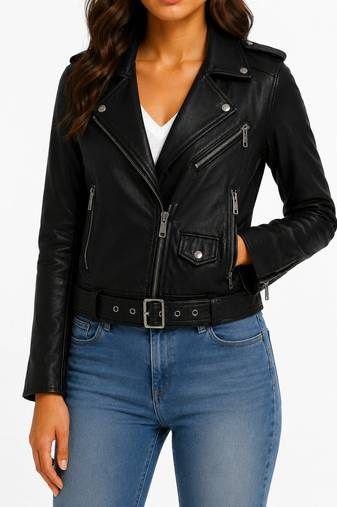 Women's black real lambskin belted biker leather jacket