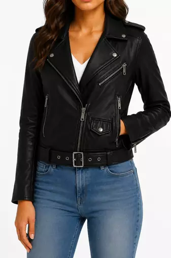 Women's black real lambskin belted biker leather jacket
