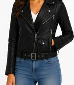 Women's black real lambskin belted biker leather jacket