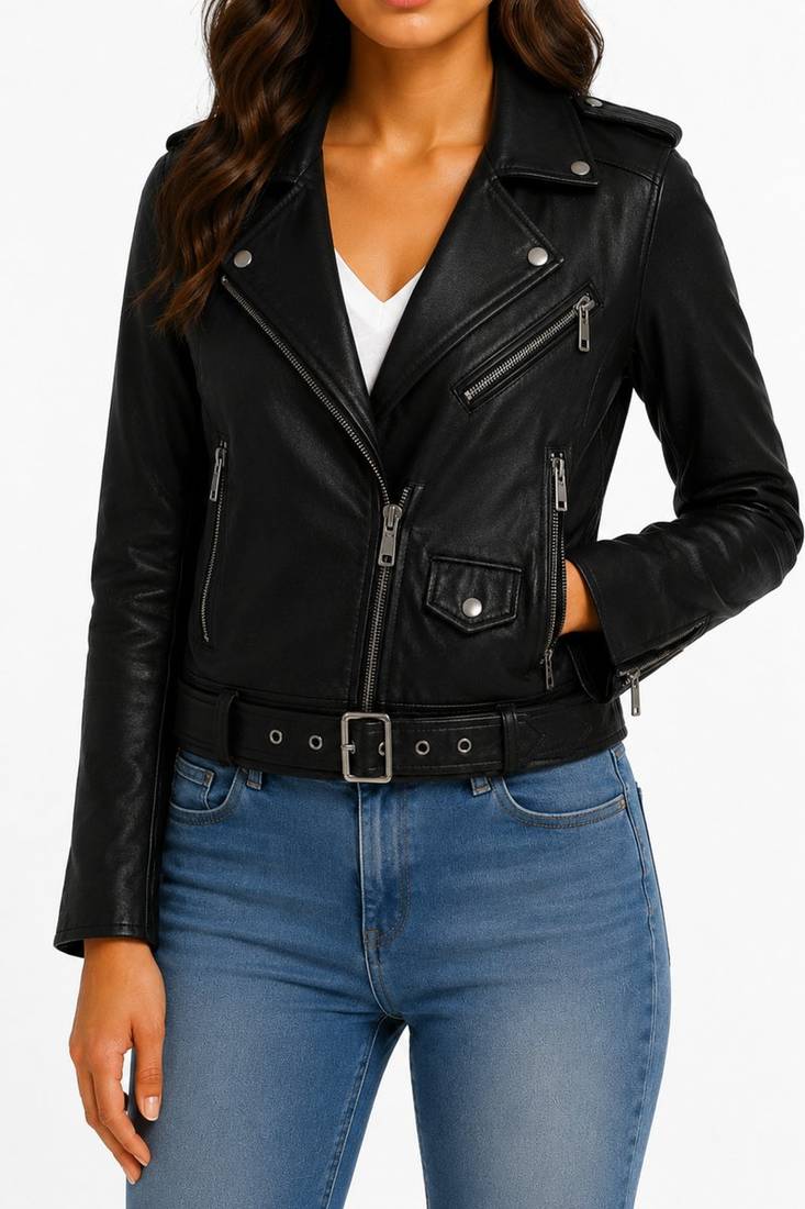 Women's black real lambskin belted biker leather jacket