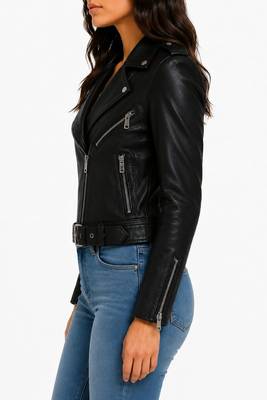 Women's black real lambskin belted biker leather jacket 2