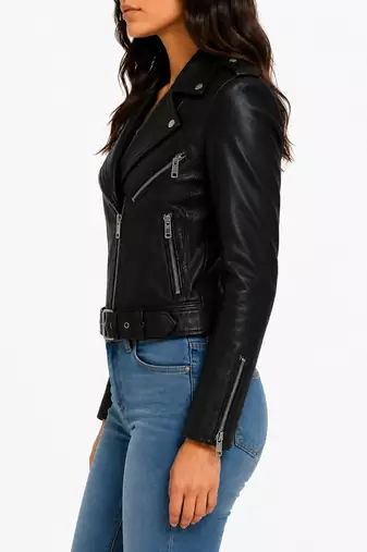 Women's black real lambskin belted biker leather jacket
