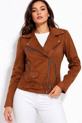 Women's brown genuine lambskin suede moto jacket 1