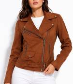 Women's brown genuine lambskin suede moto jacket