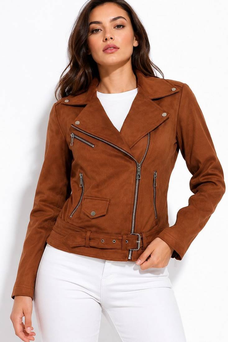 Women's brown genuine lambskin suede moto jacket