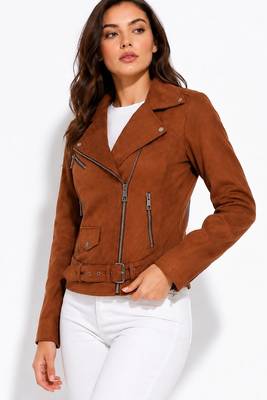 Women's brown genuine lambskin suede moto jacket 2