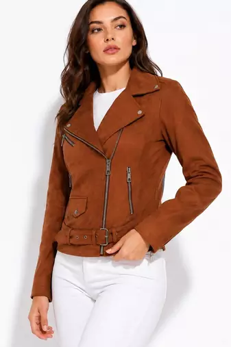 Women's brown genuine lambskin suede moto jacket