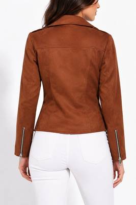 Women's brown genuine lambskin suede moto jacket 3