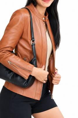 Women's tan lambskin cafe racer leather biker jacket 2