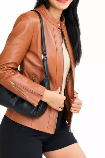 Women's tan lambskin cafe racer leather biker jacket