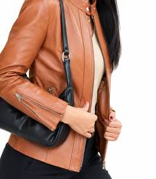 Women's tan lambskin cafe racer leather biker jacket