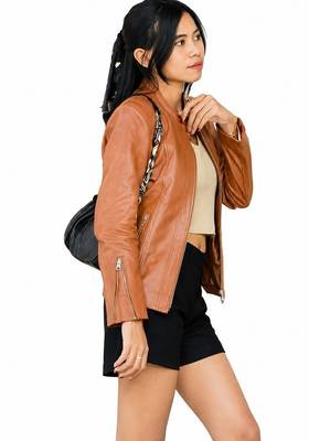 Women's tan lambskin cafe racer leather biker jacket 4