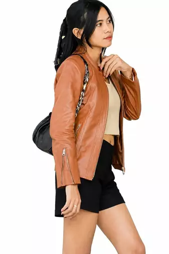 Women's tan lambskin cafe racer leather biker jacket