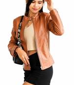 Women's tan lambskin cafe racer leather biker jacket