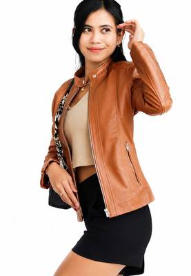 Women's tan lambskin cafe racer leather biker jacket 5