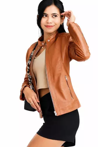Women's tan lambskin cafe racer leather biker jacket