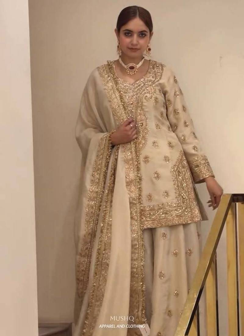 Off White Color  Embroidery And Sequence Work  Silk Blend Salwar Suit