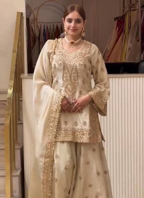 Off White Color  Embroidery And Sequence Work  Silk Blend Salwar Suit 3