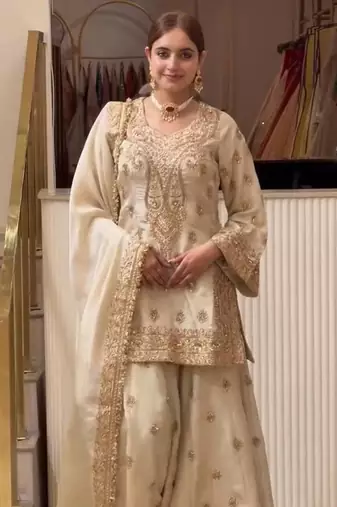 Off White Color  Embroidery And Sequence Work  Silk Blend Salwar Suit