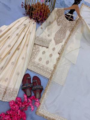 Off White Color  Embroidery And Sequence Work  Silk Blend Salwar Suit 4