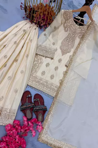 Off White Color  Embroidery And Sequence Work  Silk Blend Salwar Suit