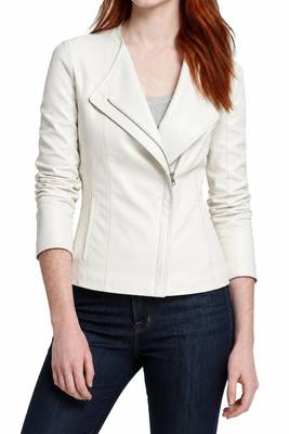 Women's white asymmetrical lambskin leather casual jacket 1